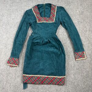 Jody of California Dress Womens 5 Green Corduroy Plaid Vintage 70s Mini‎ 518